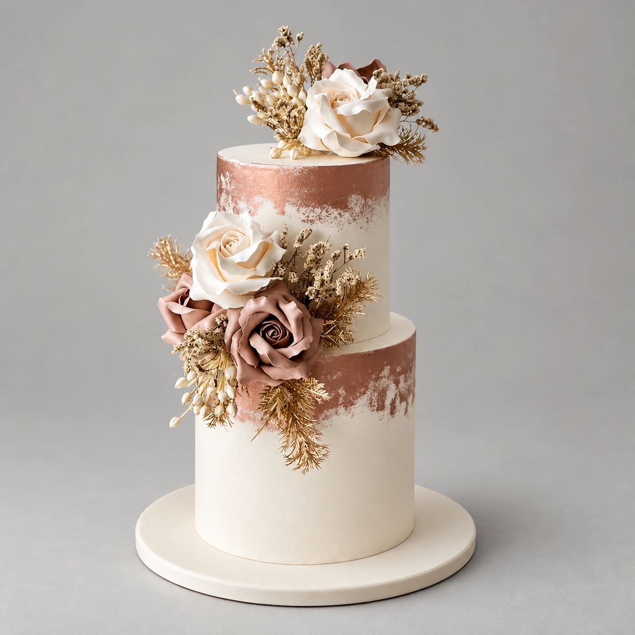 Two-tier ivory cake with rose gold bands, white and taupe sugar roses and gold foliage