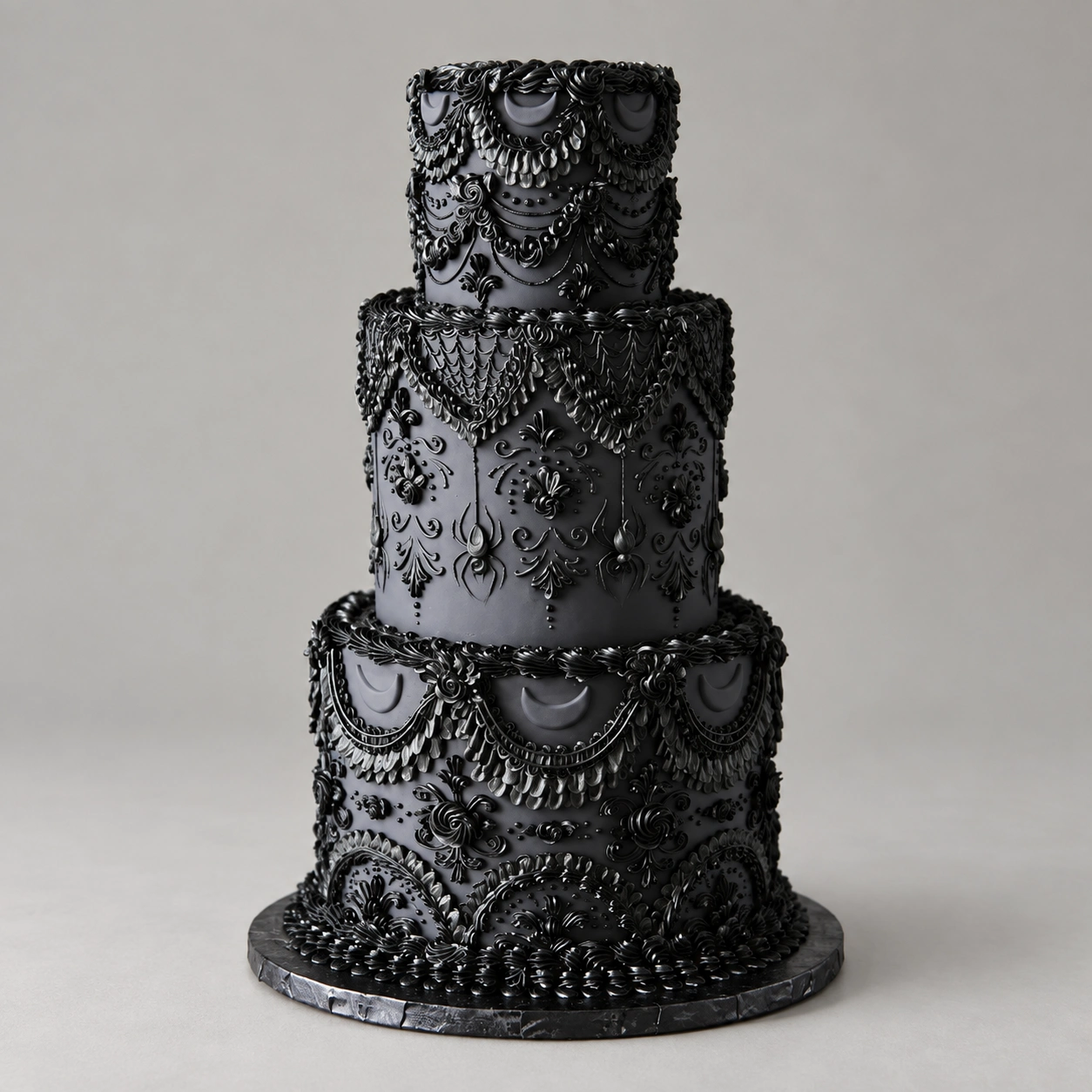 Three-tier black cake with ornate piped swags, bead garlands and raised scrollwork