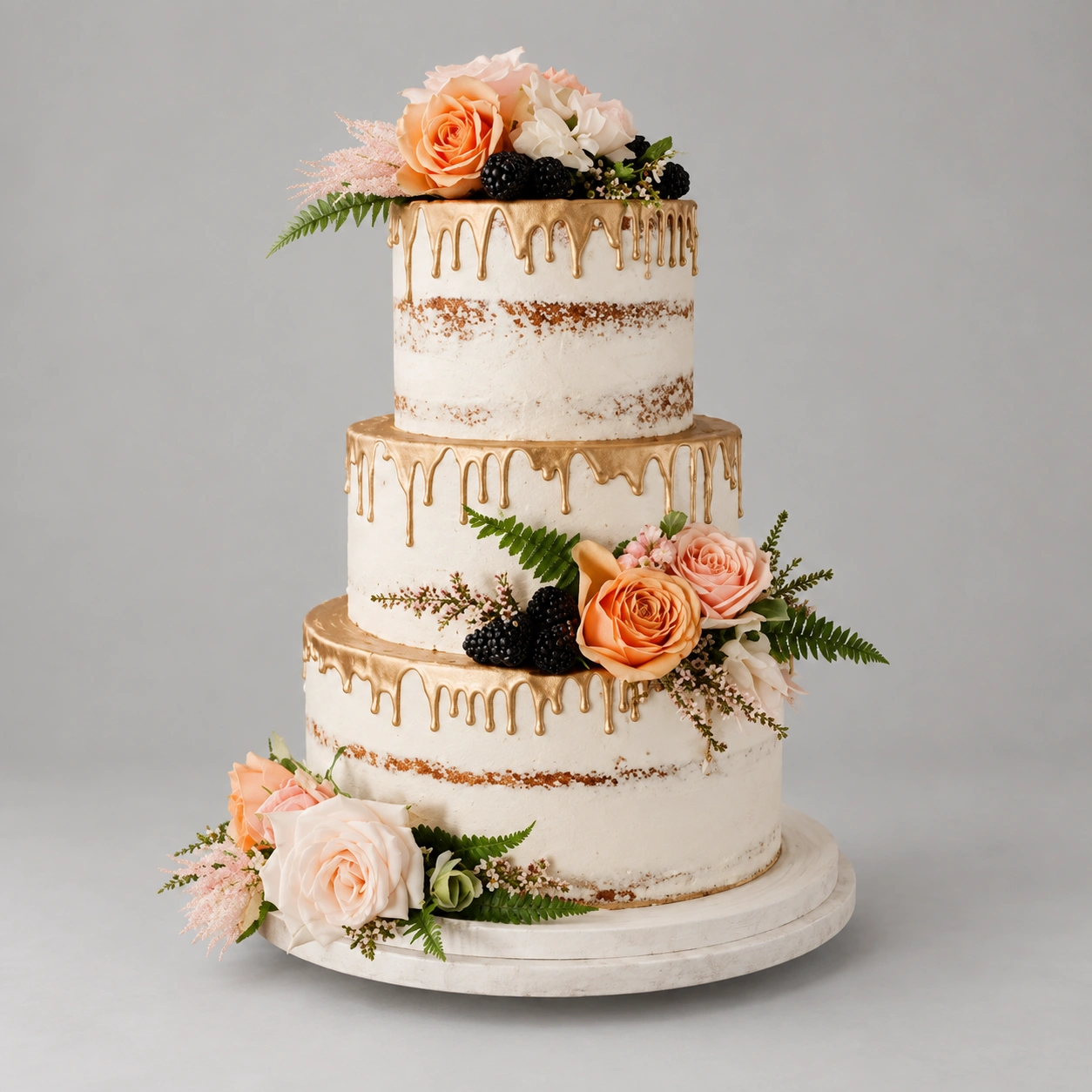 Three-tier semi-naked wedding cake with gold drips, peach and blush roses and green fern leaves