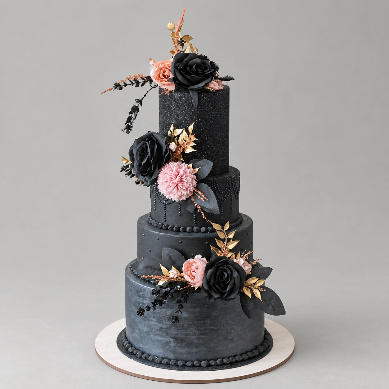 Four-tier black cake with black and blush rose decorations, pink flowers, gold leaves and piped bead borders
