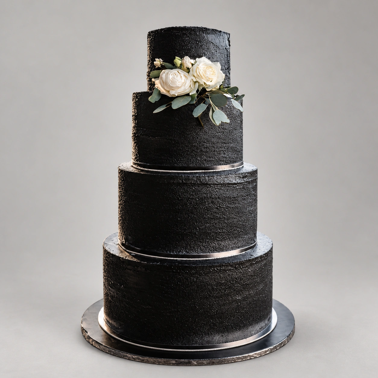 Four-tier black wedding cake with textured icing and a cluster of ivory roses and green leaves