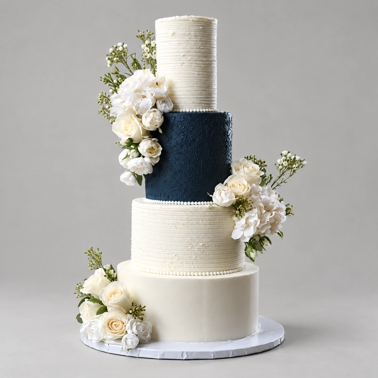 Four-tier ivory wedding cake with one navy tier, textured icing, piped pearl borders and white rose and hydrangea arrangements
