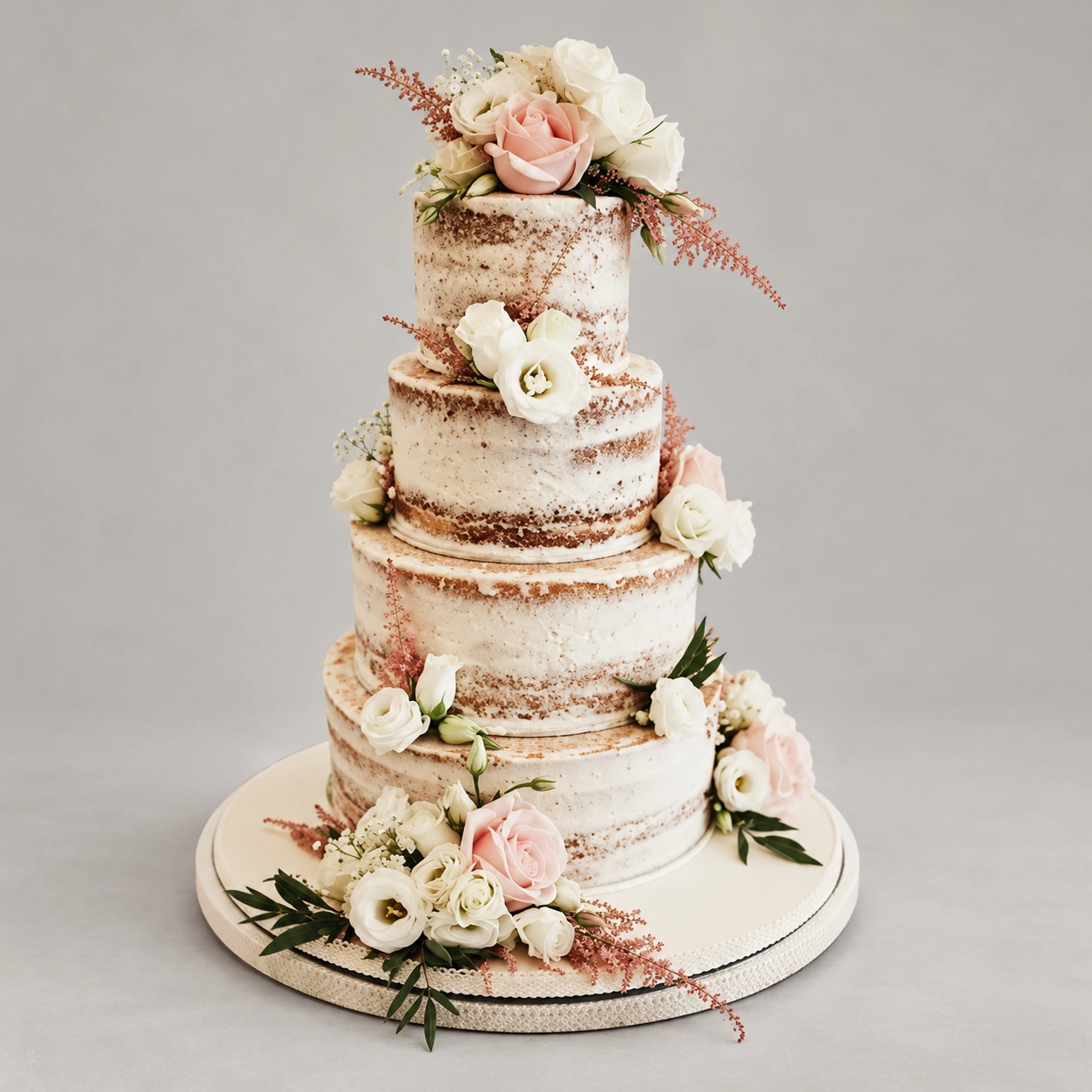 Four-tier semi-naked wedding cake with blush and ivory roses, small white flowers and trailing green foliage