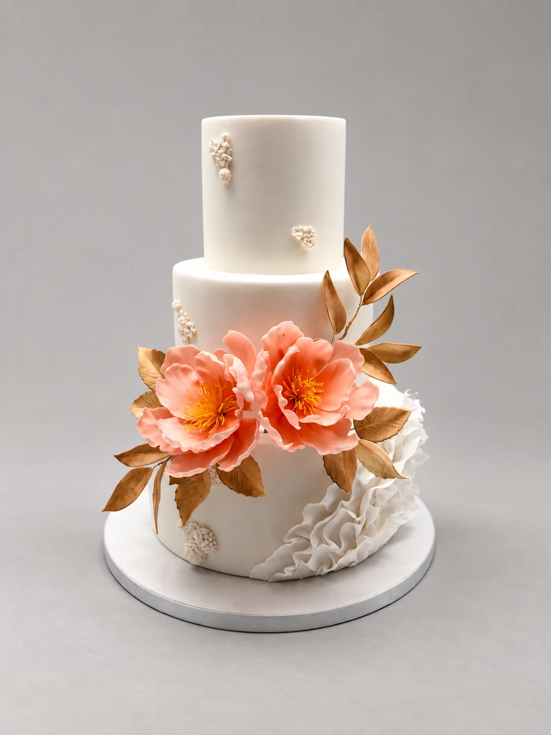 Three-tier white cake with apricot sugar peonies, gold leaves, small pearls and a ruffled detail