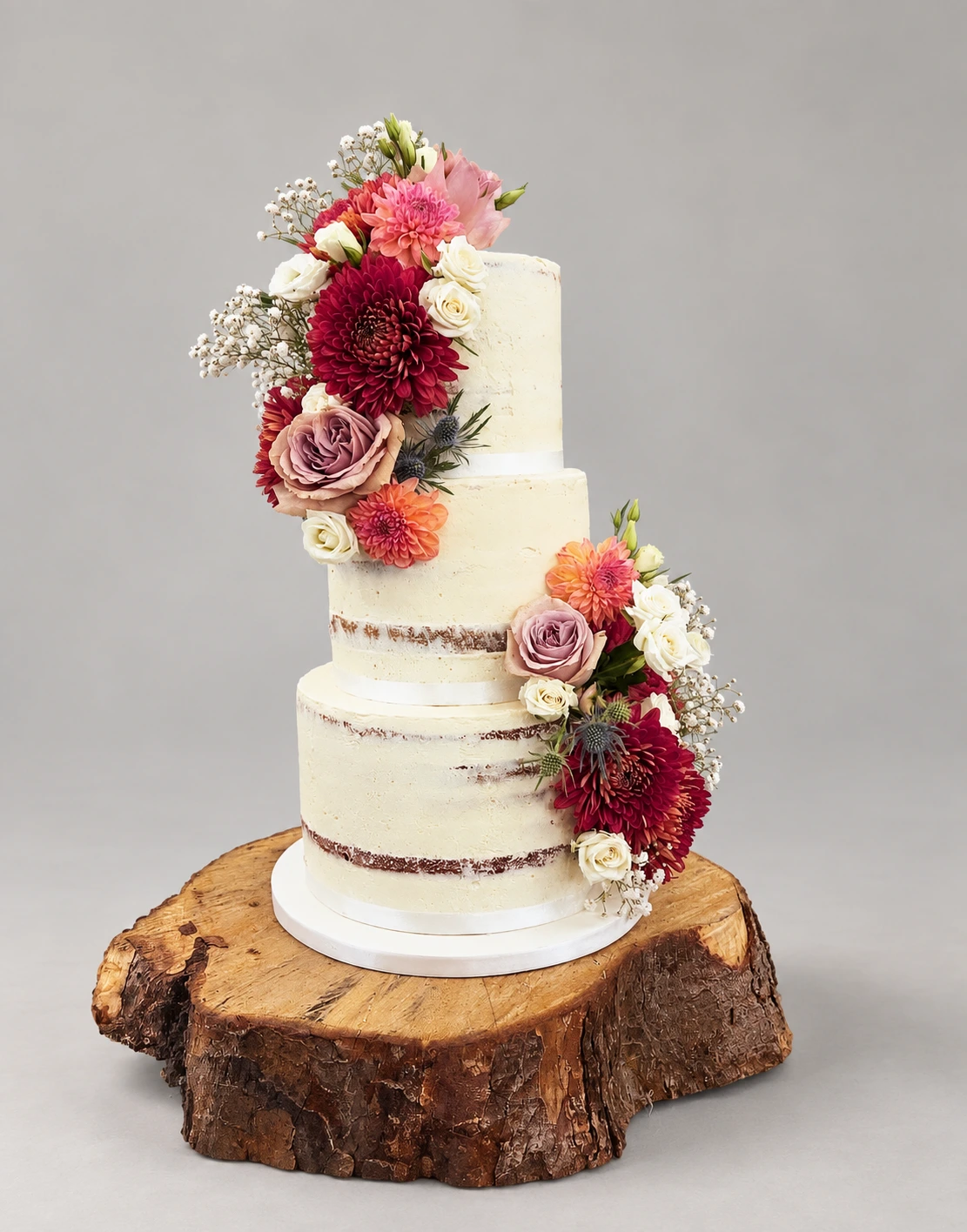 Three-tier semi-naked cake with burgundy, peach and mauve flowers and gypsophila