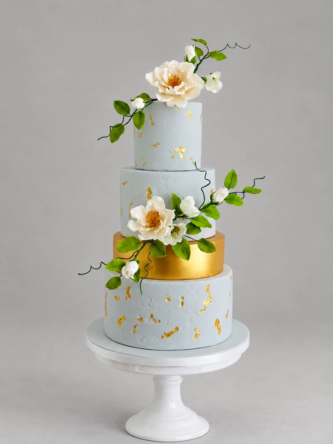 Three-tier pale blue cake with a gold spacer, white sugar peonies, green foliage and gold leaf