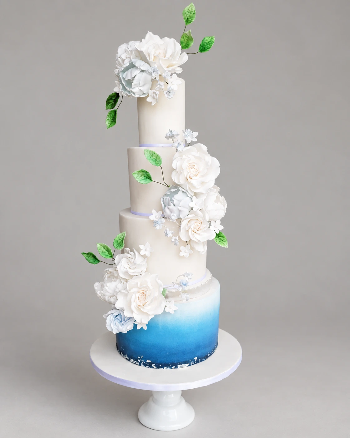 Blue Ombré & White Flowers Wedding Cake — 4 cake tiers