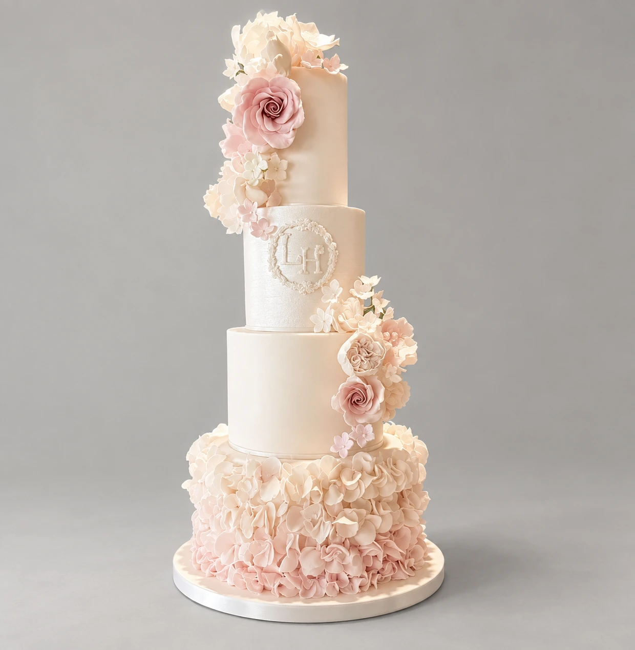 Blush Petals & Monogram Wedding Cake — 4 cake tiers