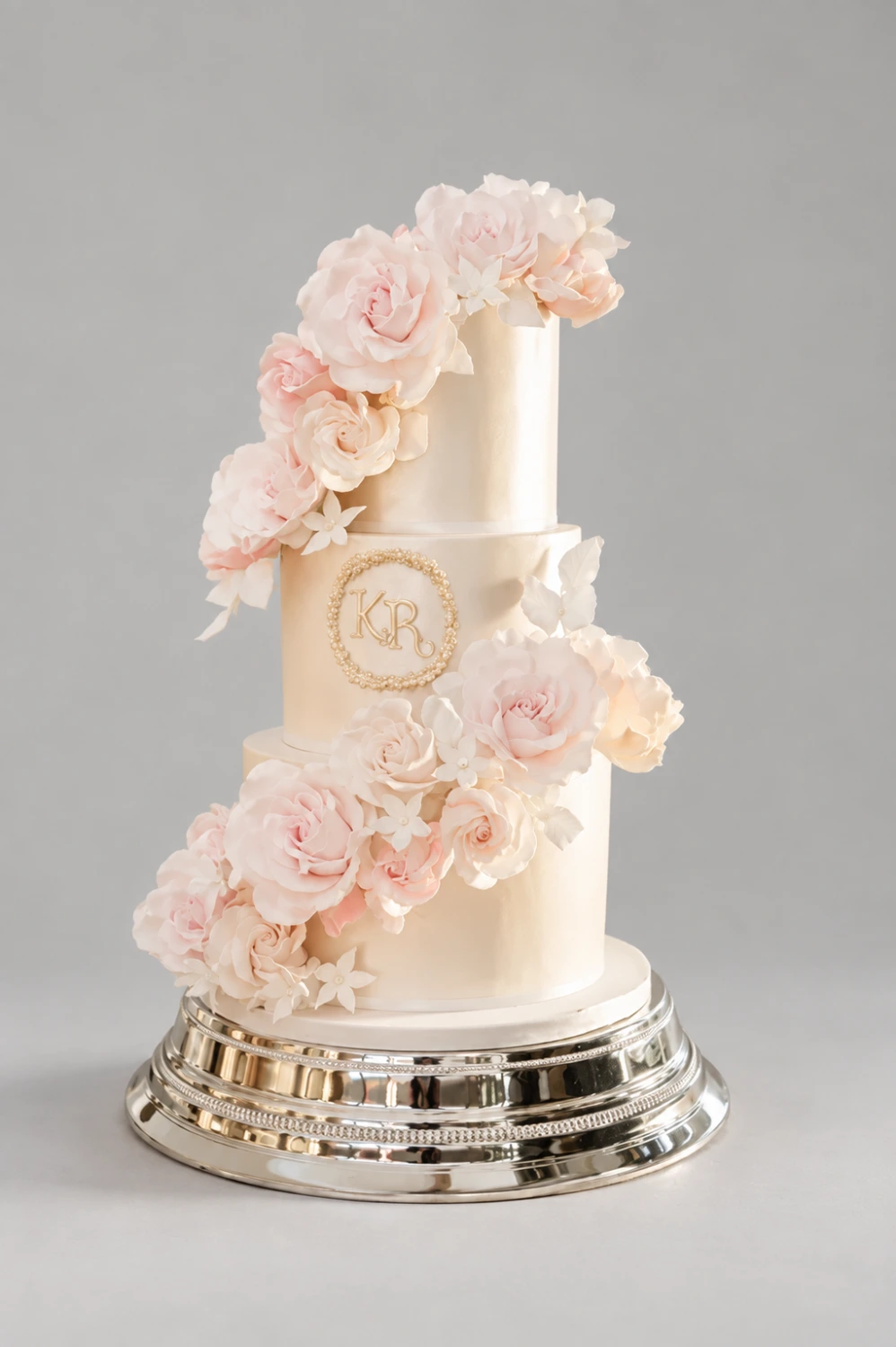 Blush Rose Monogram Wedding Cake — 3 cake tiers