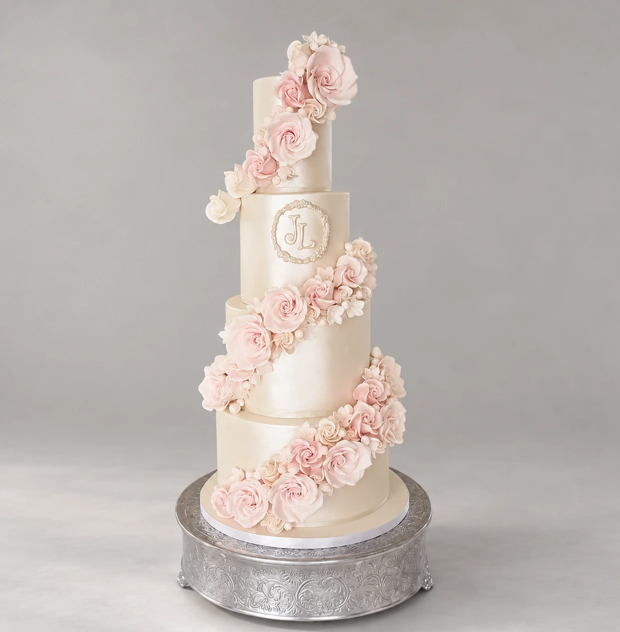 Blush Roses & Initial Wedding Cake — 4 cake tiers