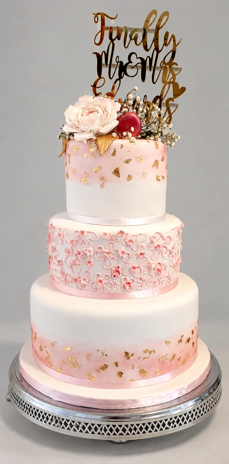Three-tier pink and white cake with a piped rosette band, gold leaf and a gold script topper