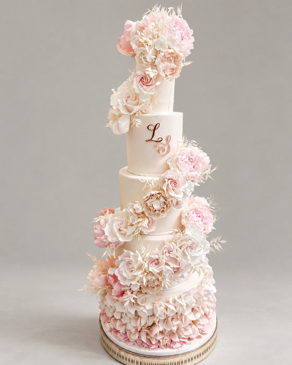 Blush Ruffles & Rose Spiral Wedding Cake — 5 cake tiers