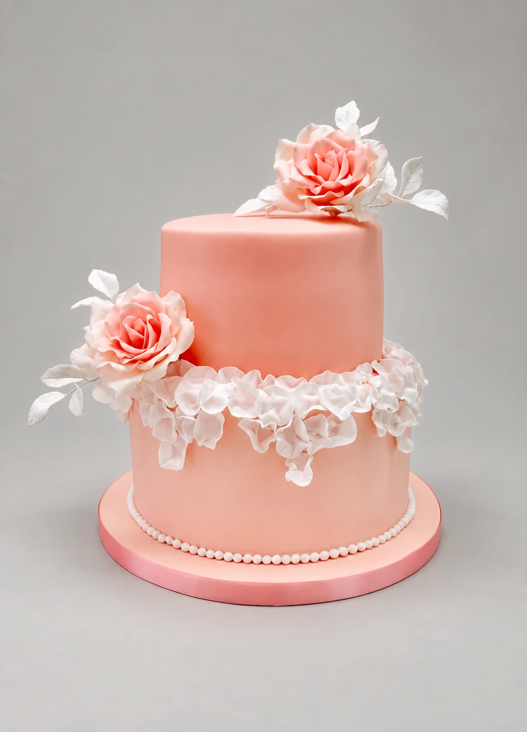 Two-tier blush cake with pink sugar roses, white ruffles and piped pearl trim