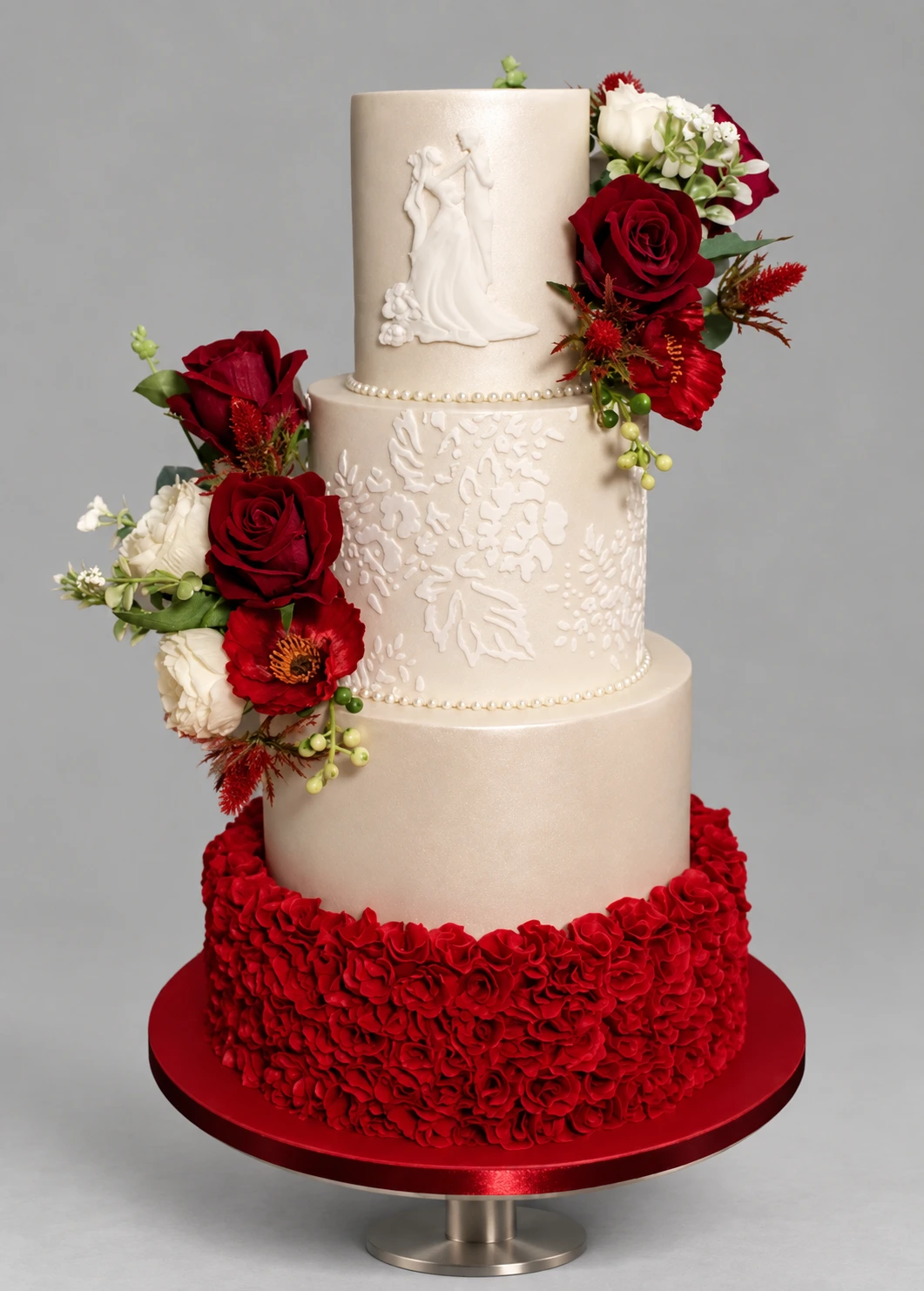 Four-tier ivory and burgundy cake with red sugar roses, white flowers, lace and a red ruffle base