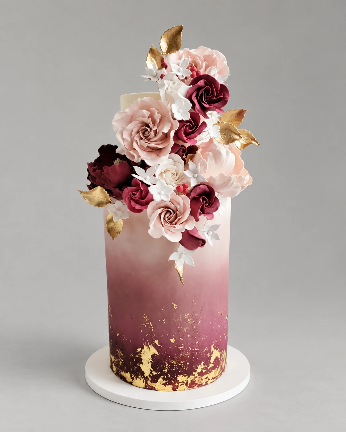 Burgundy Watercolour & Gold Leaf Wedding Cake — 2 cake tiers