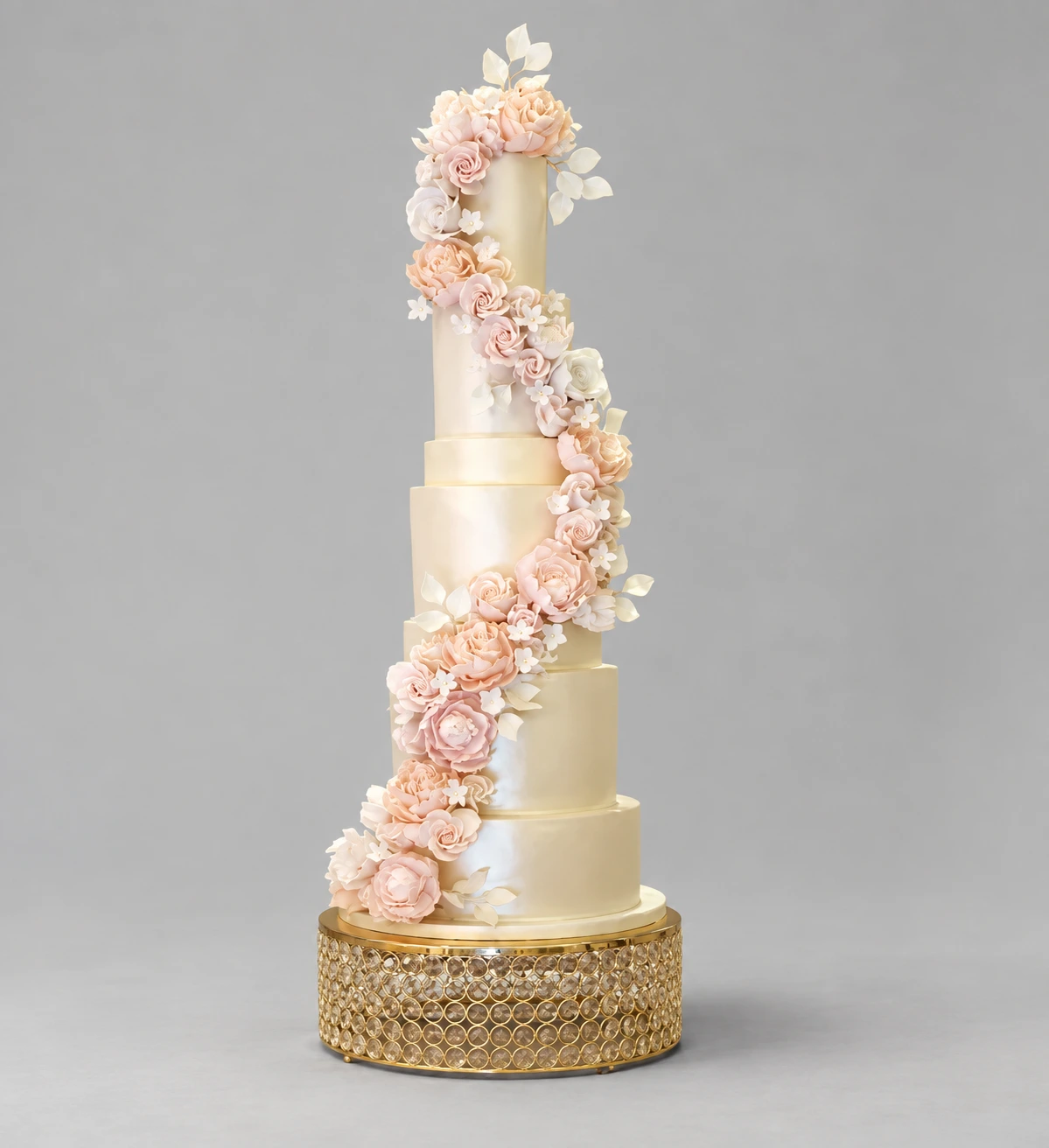 Champagne & Blush Rose Cascade Wedding Cake — 6 cake tiers