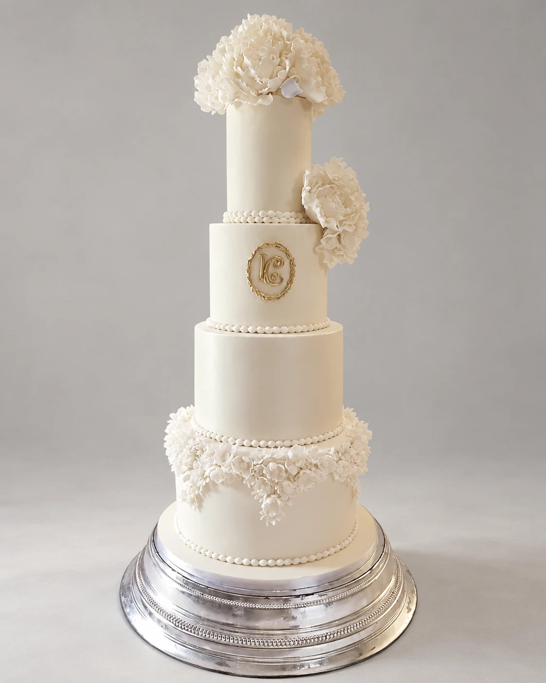 Champagne Pearl & Floral Lace Wedding Cake — 4 cake tiers