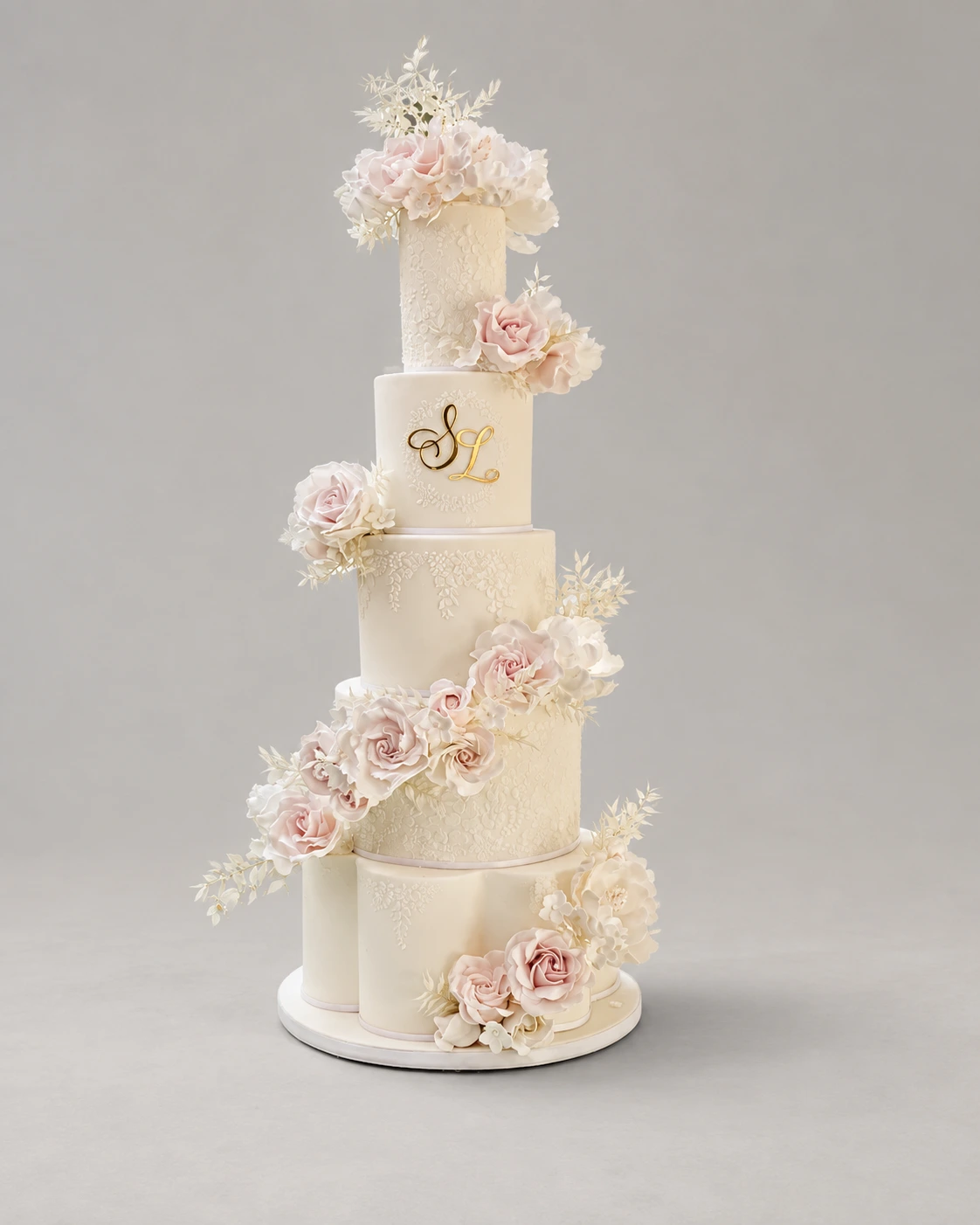 Champagne Petals & Monogram Wedding Cake — 5 cake tiers