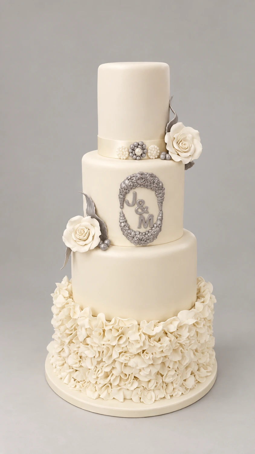 Four-tier champagne and ivory cake with a ruffled base, white roses and a silver monogram