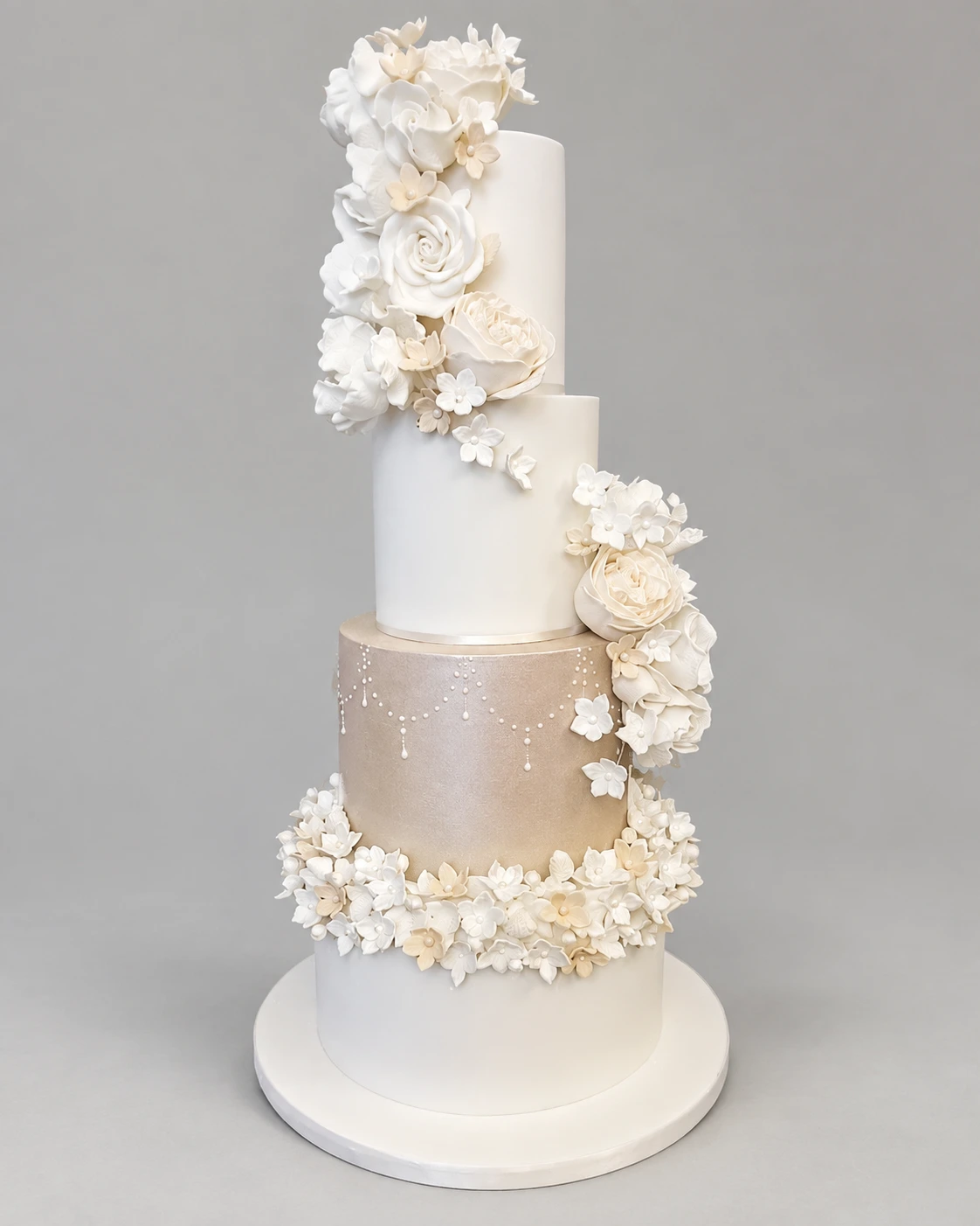 Champagne Shimmer & Floral Bands Wedding Cake — 4 cake tiers