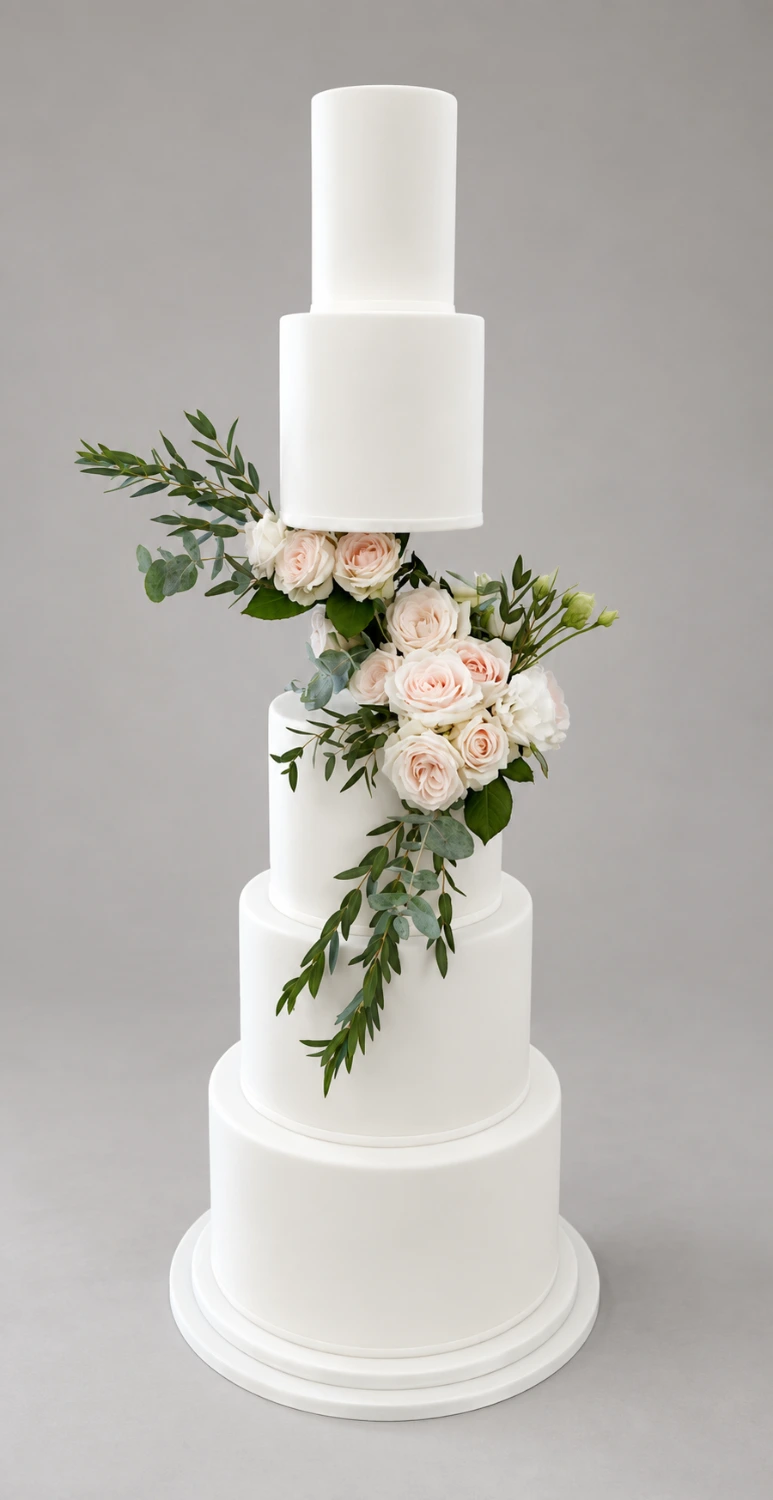 Four-tier white cake with a floating upper tier and blush roses around the open floral centre