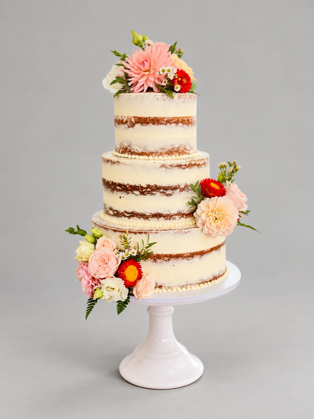 Three-tier semi-naked cake with pale pink dahlias, bright red gerberas, small white flowers and foliage