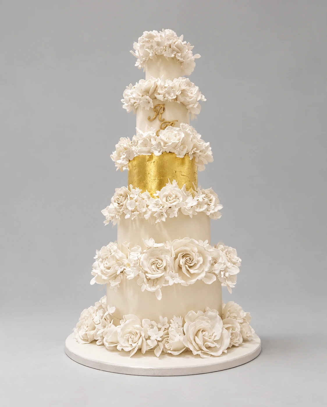 Gold & Ivory Rose Wreaths Wedding Cake — 5 cake tiers