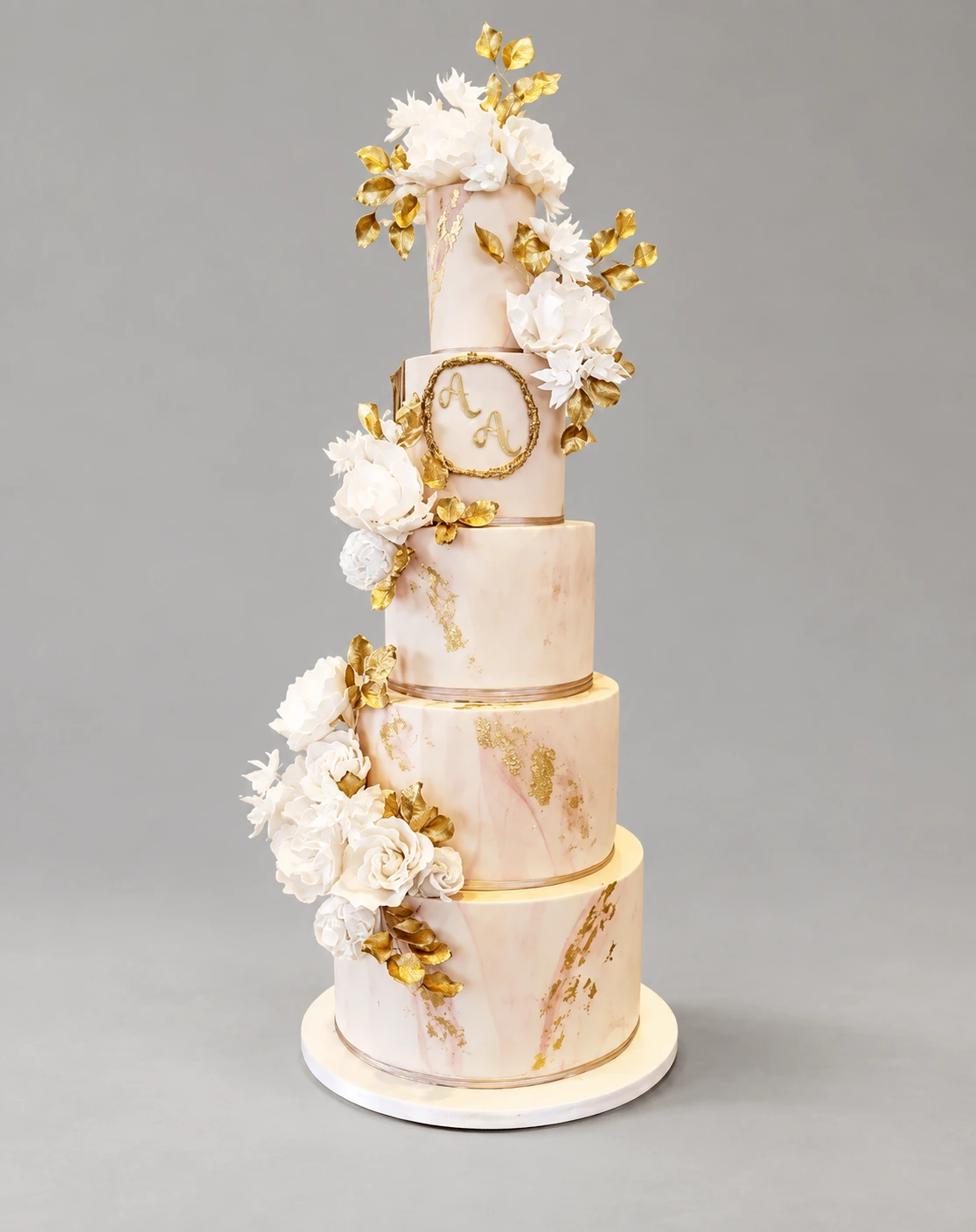 Gold Marble & Florals Wedding Cake — 5 cake tiers