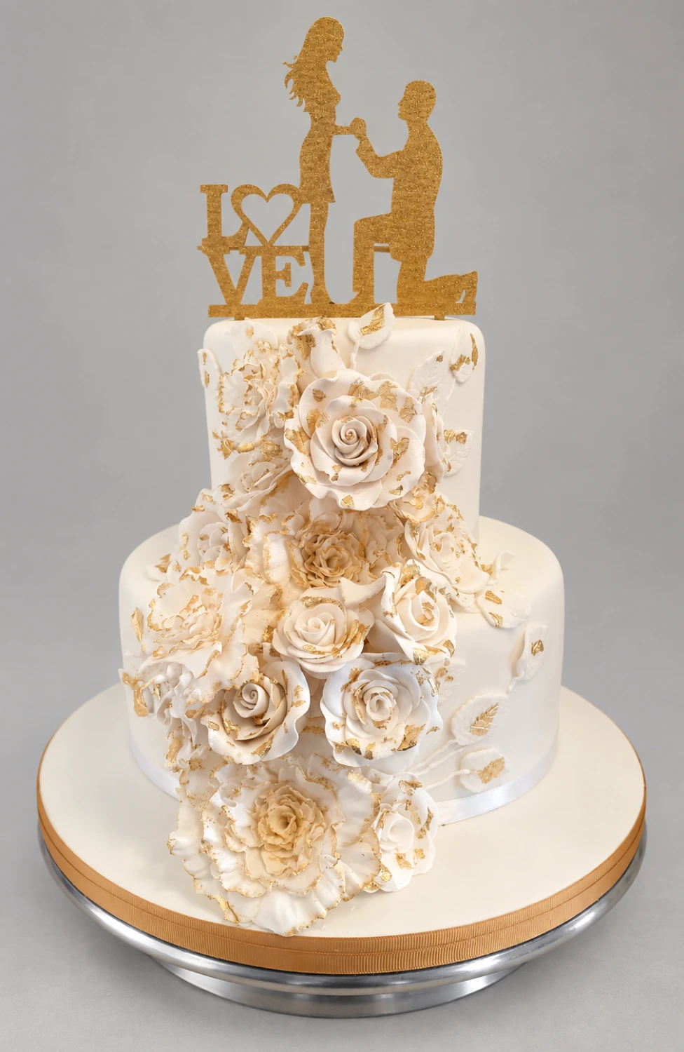 Two-tier ivory cake with gold-edged roses and a proposal silhouette topper