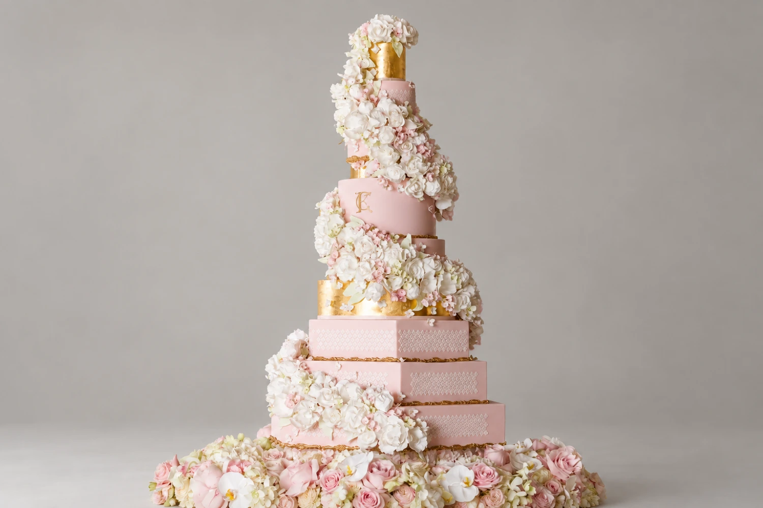 Grand Blush, Gold & Floral Staircase Wedding Cake — 10 cake tiers
