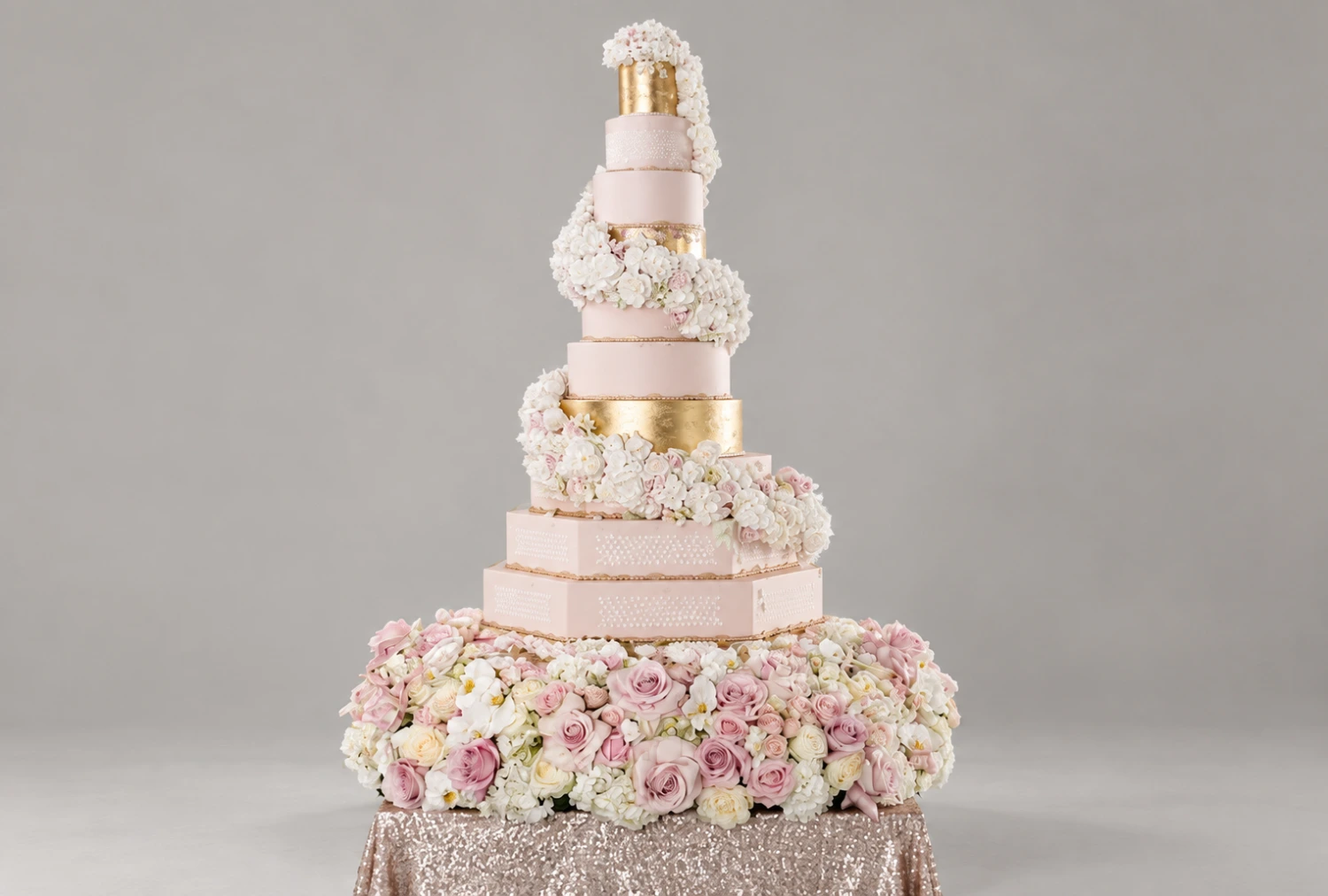 Grand Blush, Gold & Floral Staircase Wedding Cake — 10 cake tiers