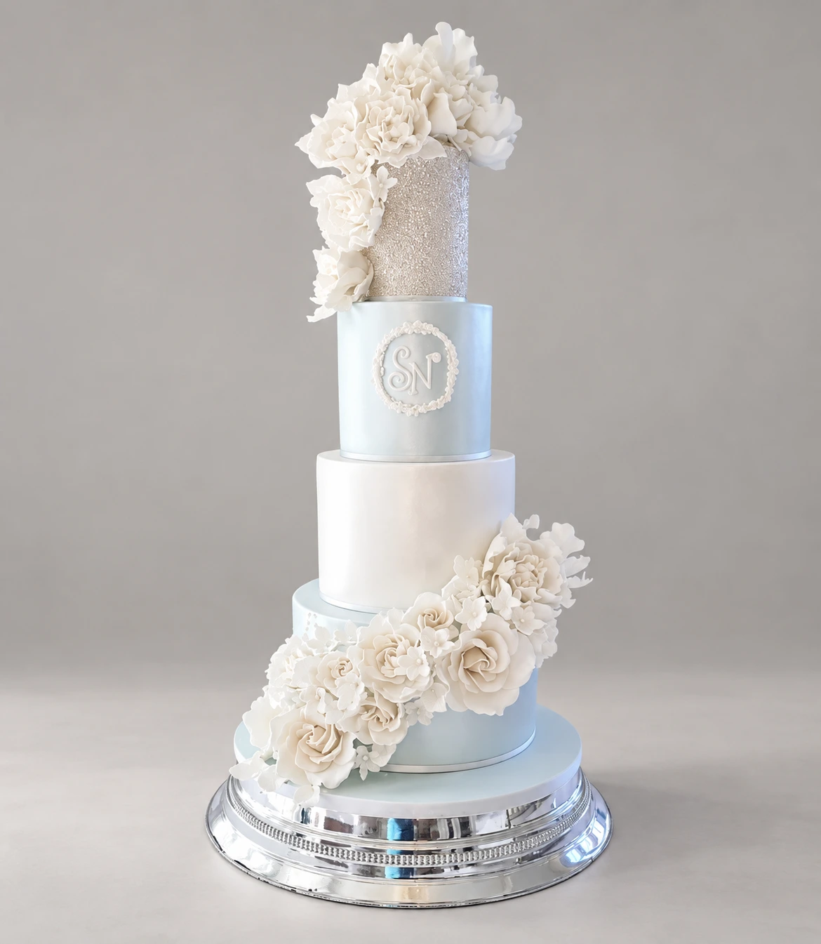 Ice Blue & Ivory Roses Wedding Cake — 4 cake tiers