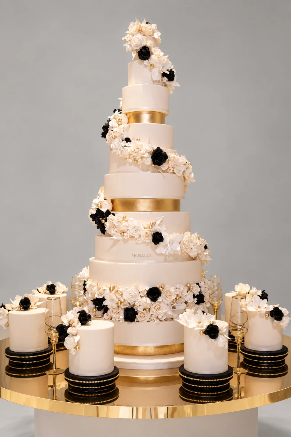 Ivory, Black & Gold Celebration Wedding Cake — 9 cake tiers