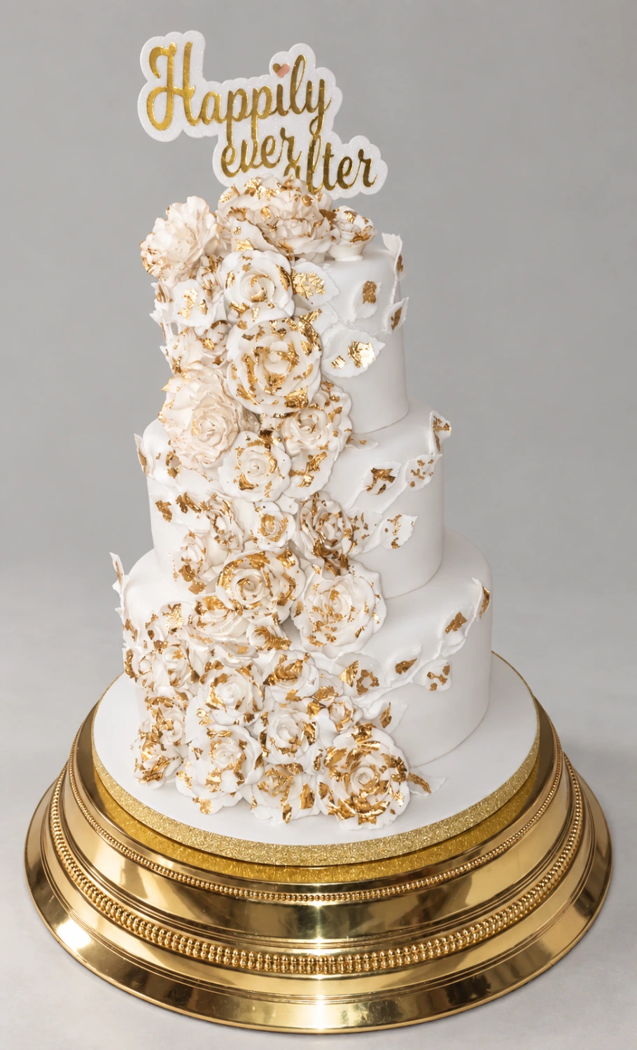 Three-tier white cake with a cascade of gold-edged ivory roses and a Happily Ever After topper