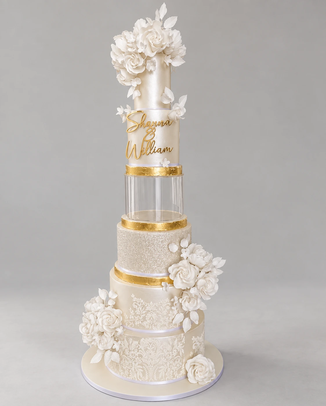 Ivory Lace & Crystal Separator Wedding Cake — 5 cake tiers