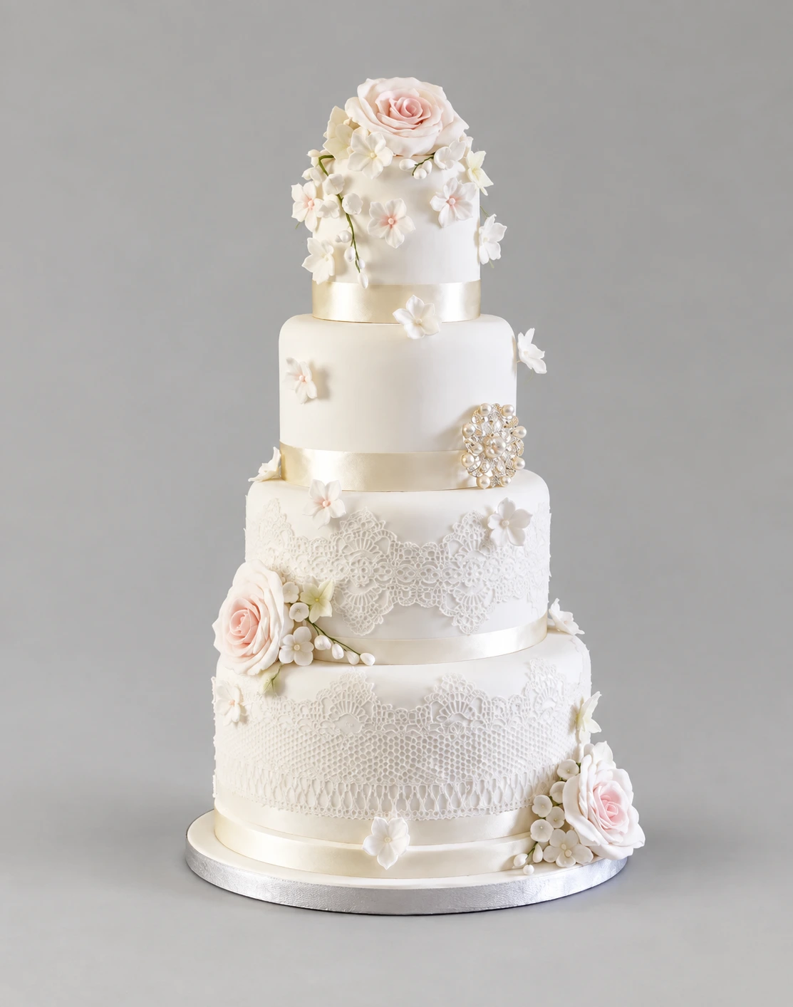 Four-tier ivory cake with lace, blush sugar roses and small white blossoms