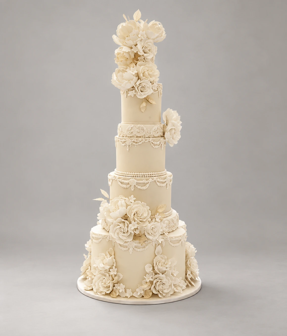 Ivory Piping & Rose Garden Wedding Cake — 5 cake tiers