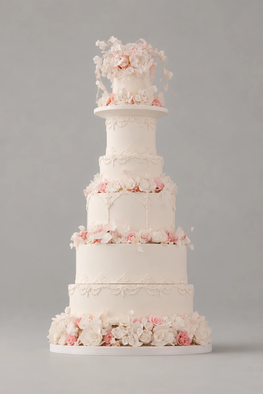 Ivory Regal Piping & Roses Wedding Cake — 6 cake tiers