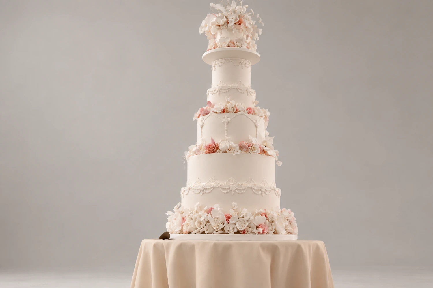 Ivory Regal Piping & Roses Wedding Cake — 6 cake tiers