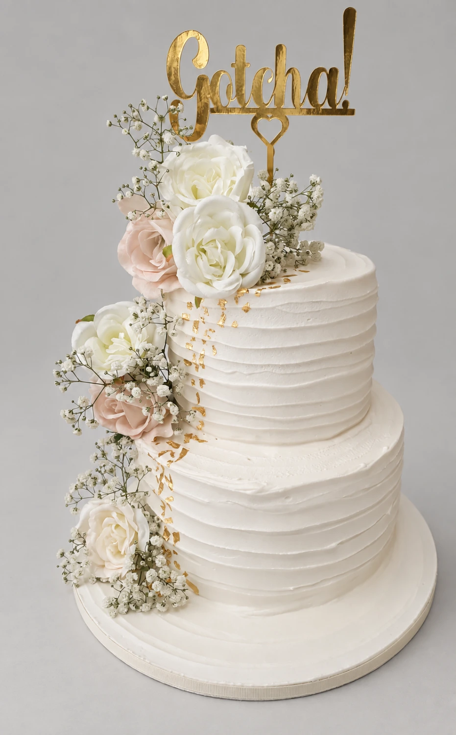 Two-tier ridged white cake with cream roses, blush flowers, gypsophila and a gold topper