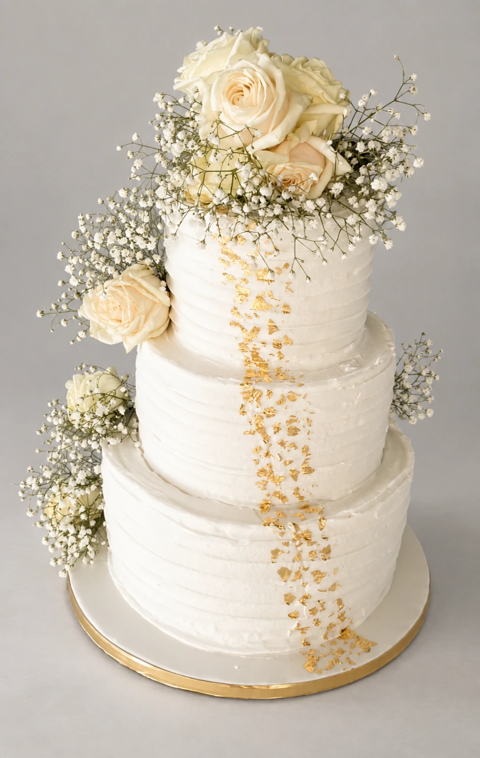 Three-tier white ridged cake with cream roses, gypsophila and gold leaf