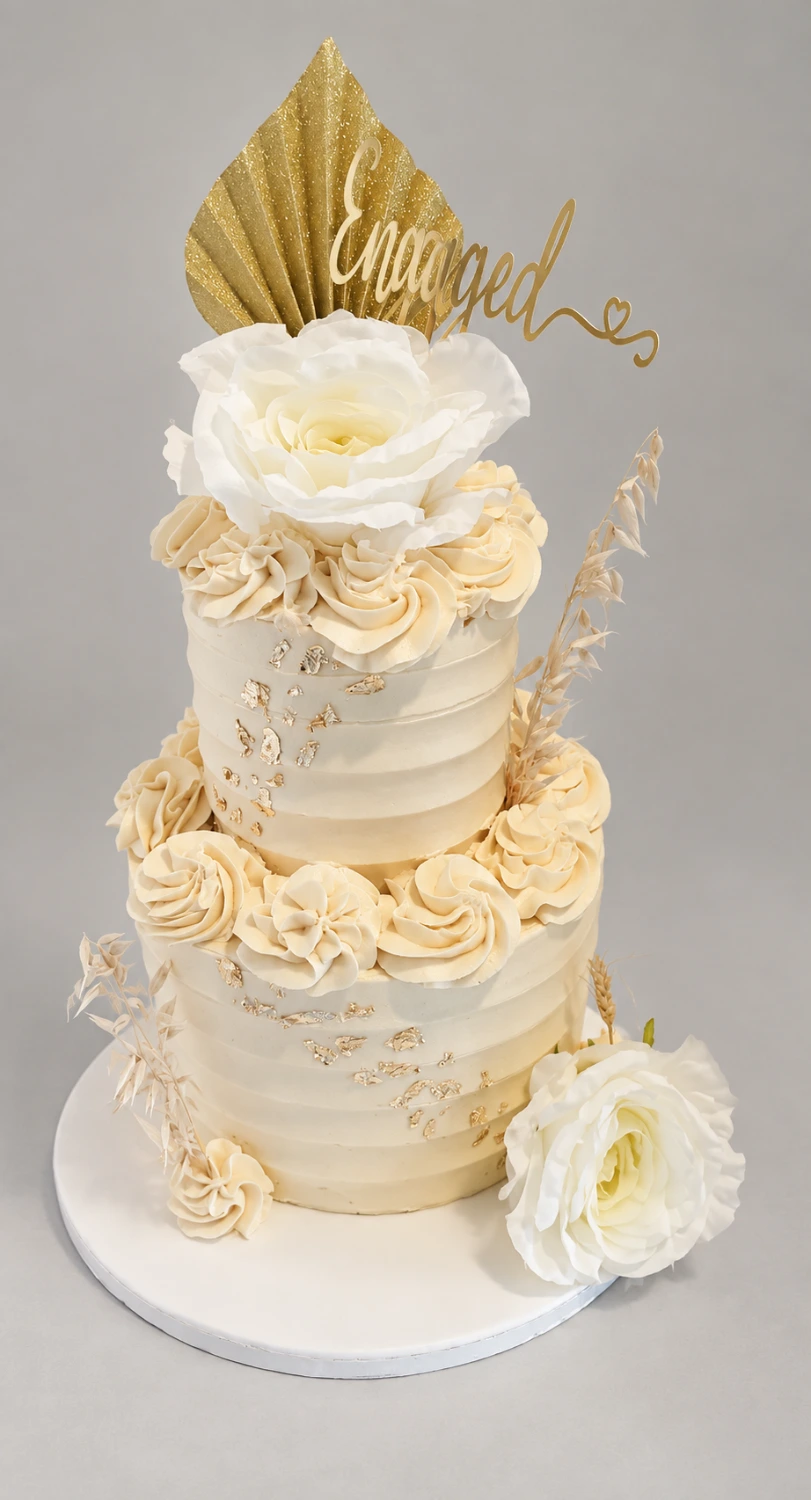 Two-tier ivory buttercream cake with piped rosettes, white flowers and a gold fan topper