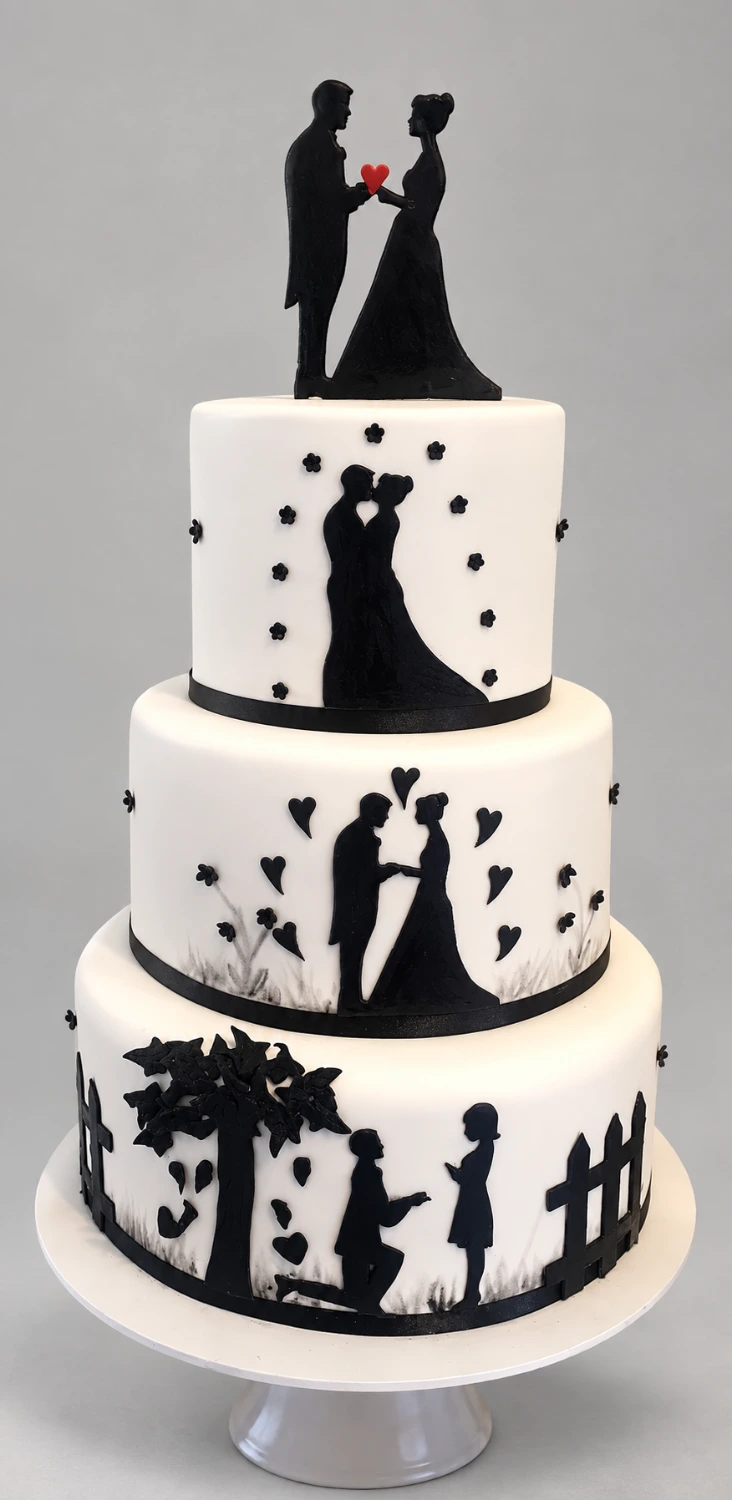 Three-tier ivory cake with black romantic silhouettes and a couple topper