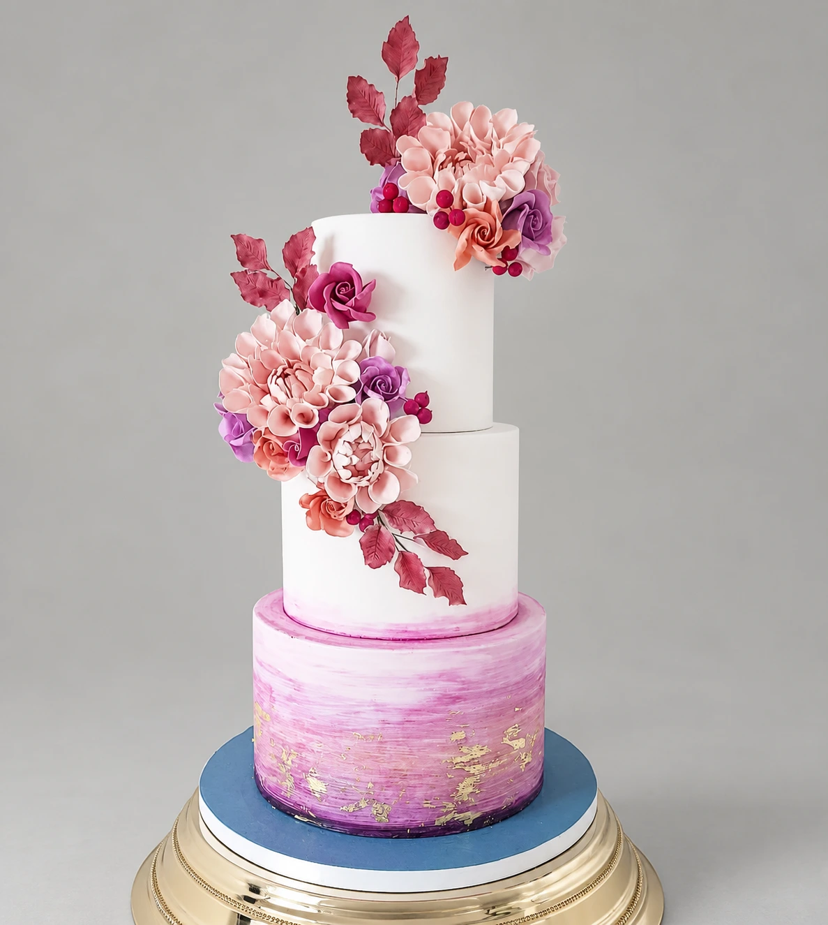 Magenta Watercolour & Florals Wedding Cake — 3 cake tiers