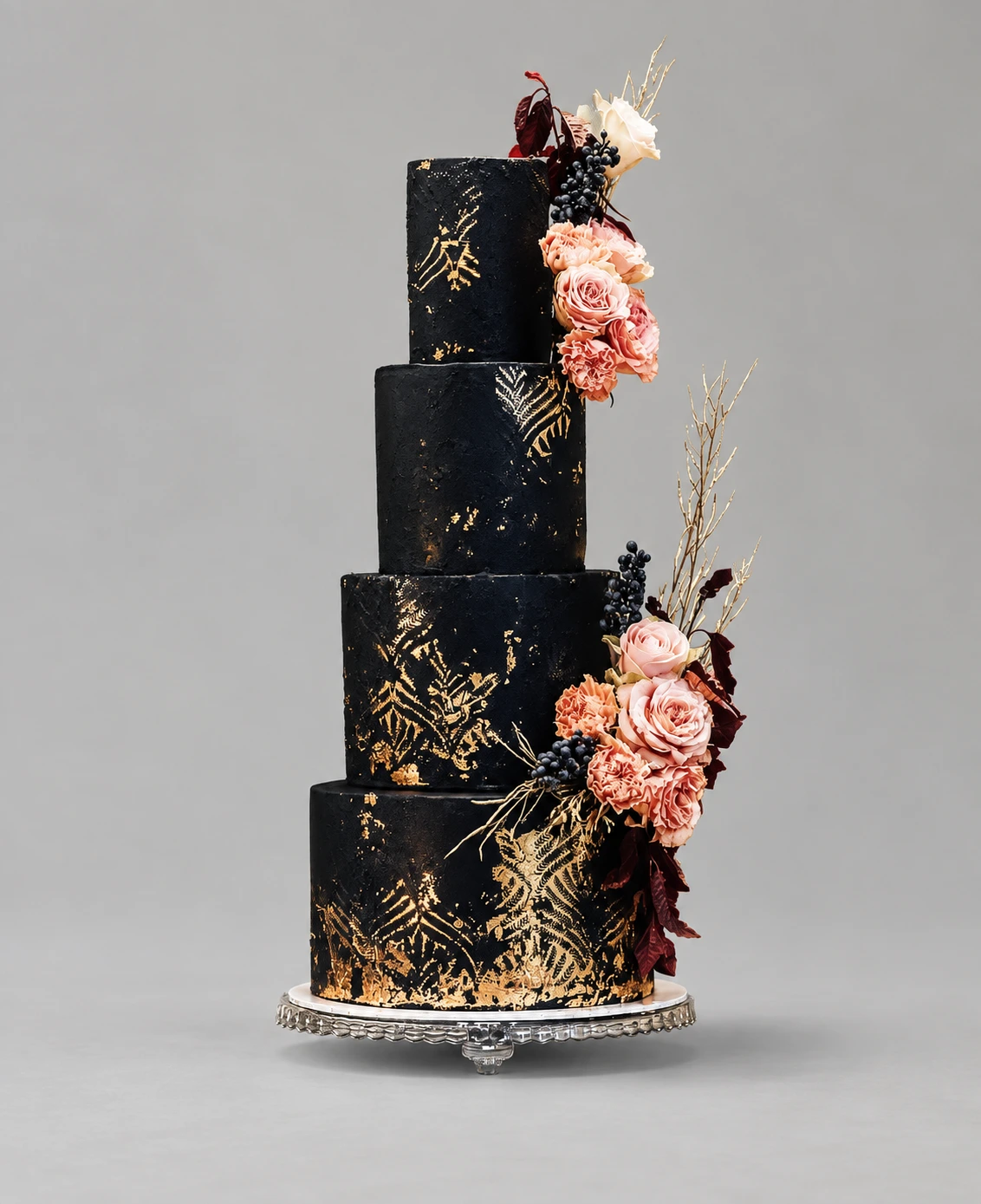 Four-tier black wedding cake with metallic fern patterns and peach roses