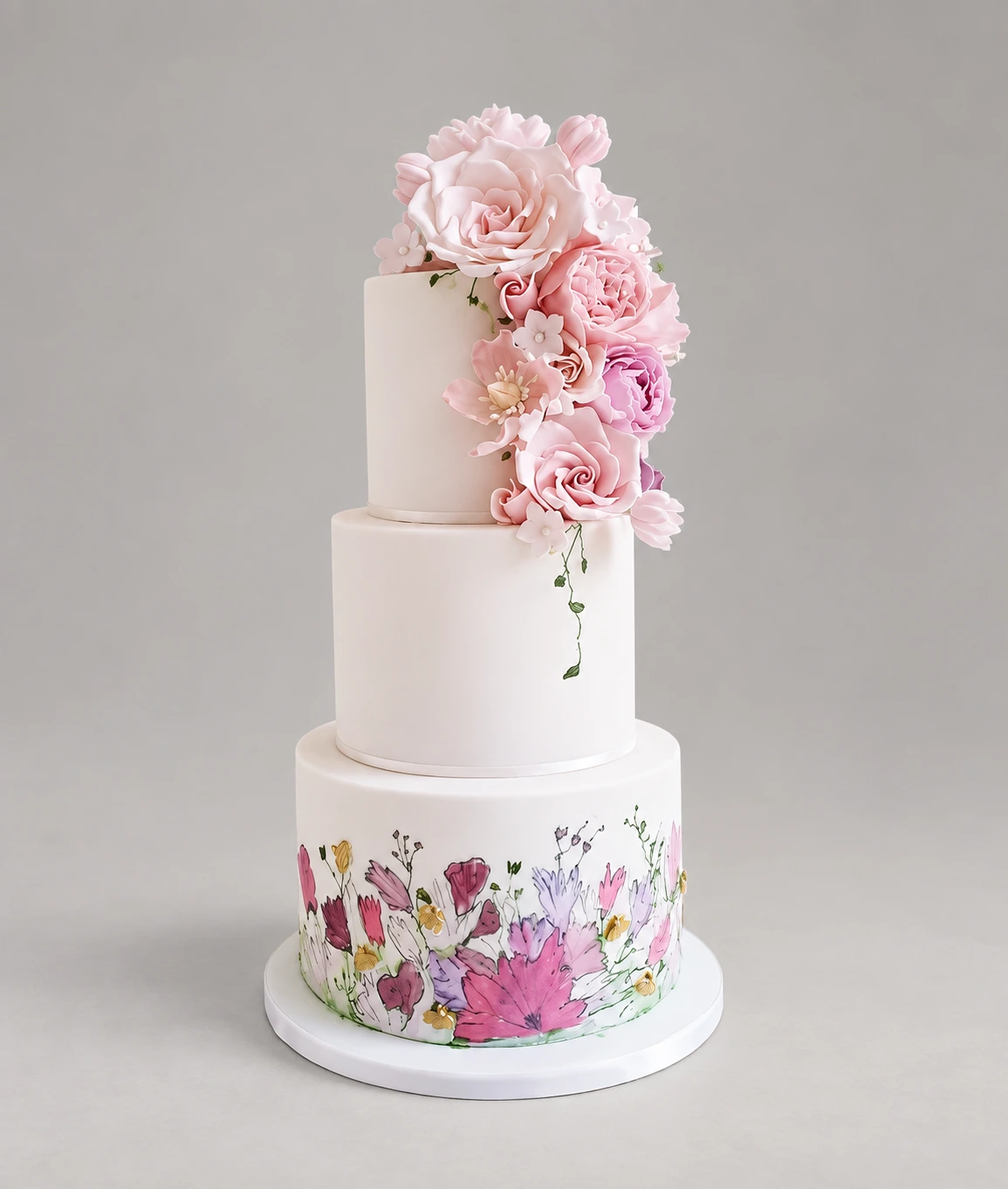 Three-tier white cake with a hand-painted floral base and cascading blush sugar roses