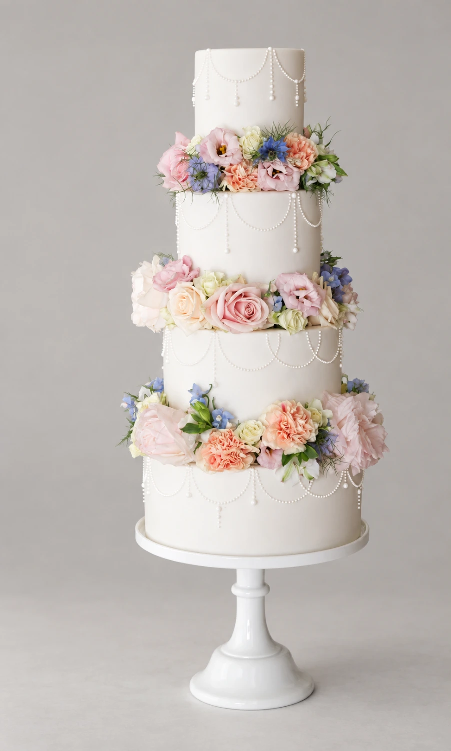 Four-tier ivory cake with piped pearl swags and pastel fresh flower garlands