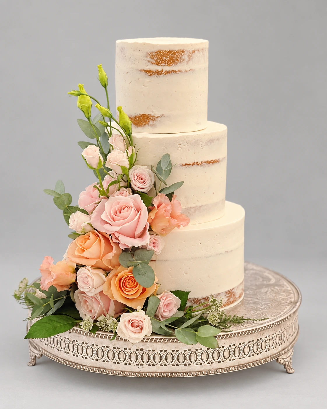 Three-tier semi-naked cake with peach and blush roses, white lisianthus and foliage