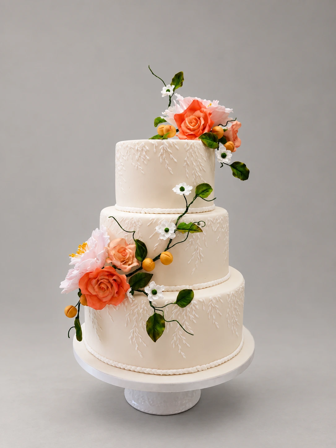 Three-tier textured ivory cake with peach sugar roses, white blossoms and green leaves