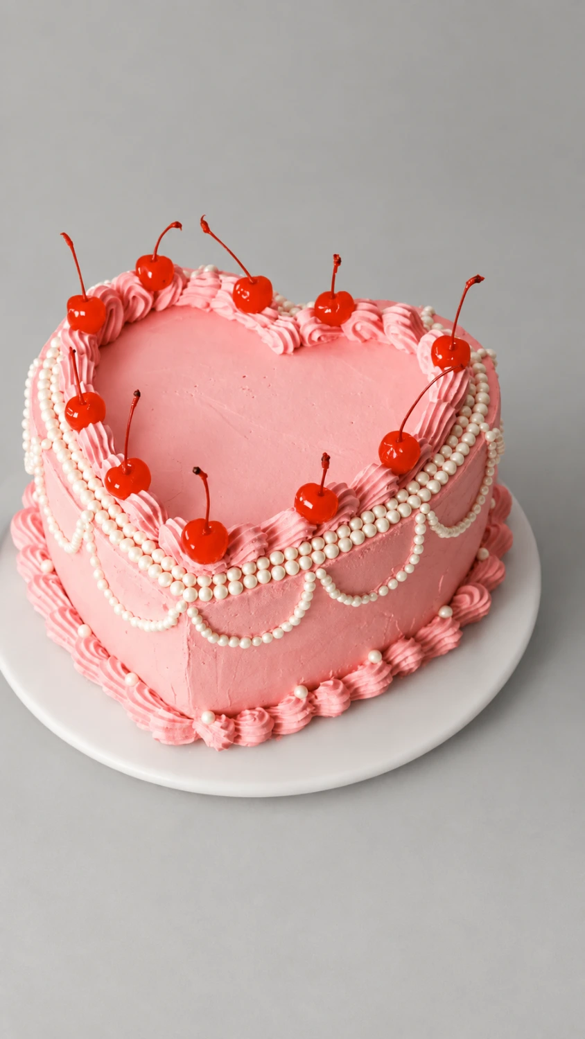 Pink heart-shaped cake with red cherries, white piped swags and pink shell borders